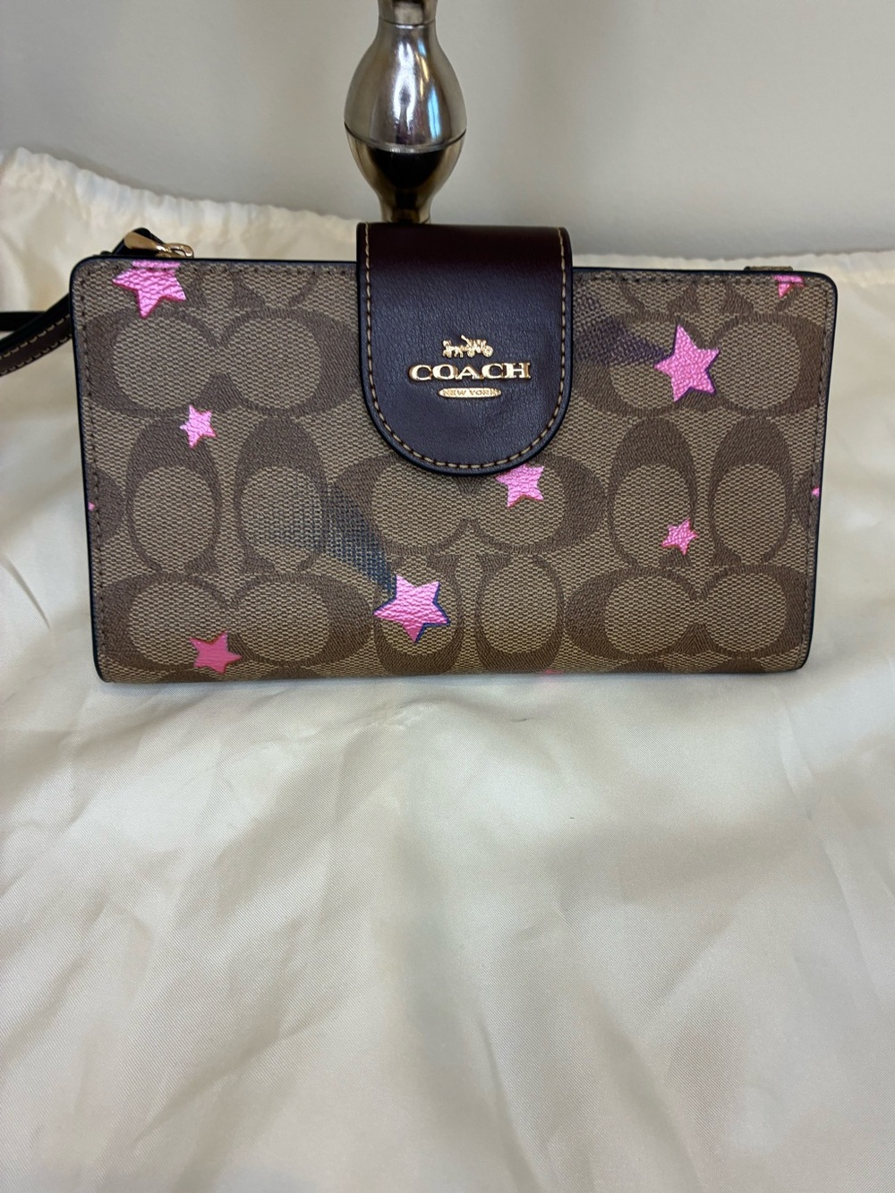 Coach Tech Phone Wallet Wristlet In SIgnature Canvas with Disco Star Print Brown